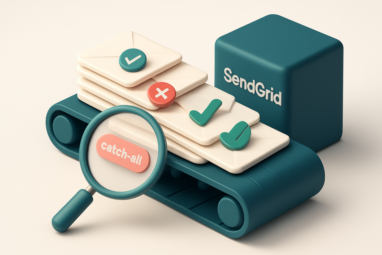 An isometric stack of envelopes on a conveyor belt moving toward a server labeled 'SendGrid', with green checkmarks on v