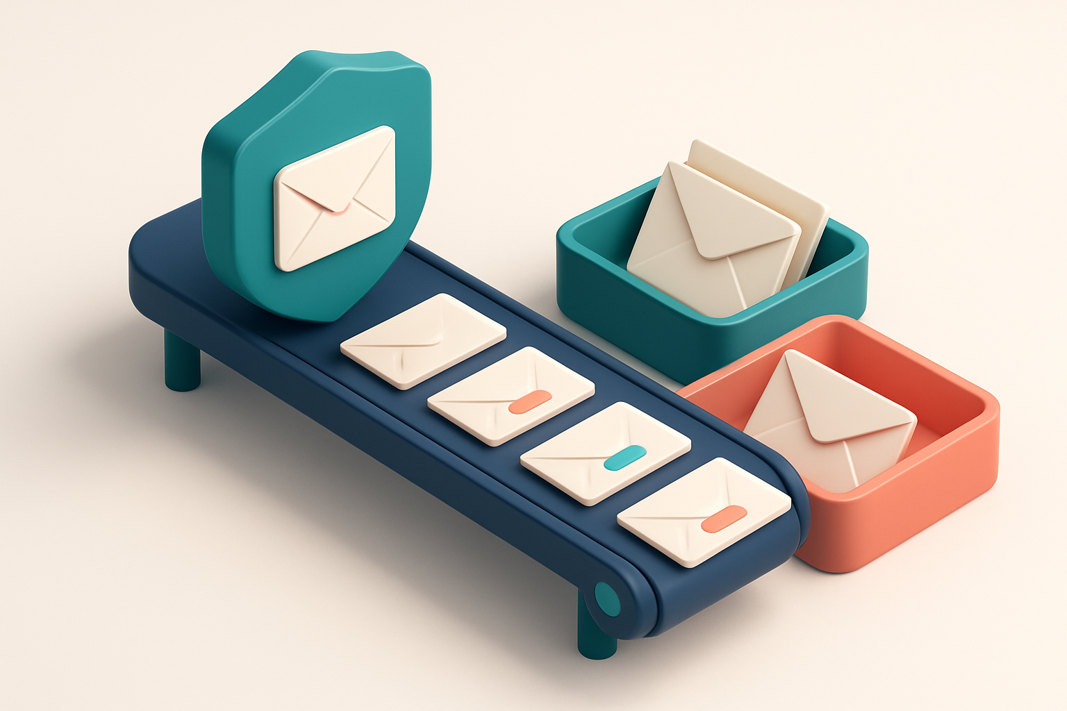 Hero: an isometric email inbox with envelopes labeled 'valid', 'invalid', 'catch-all', and 'risky' being sorted by a con
