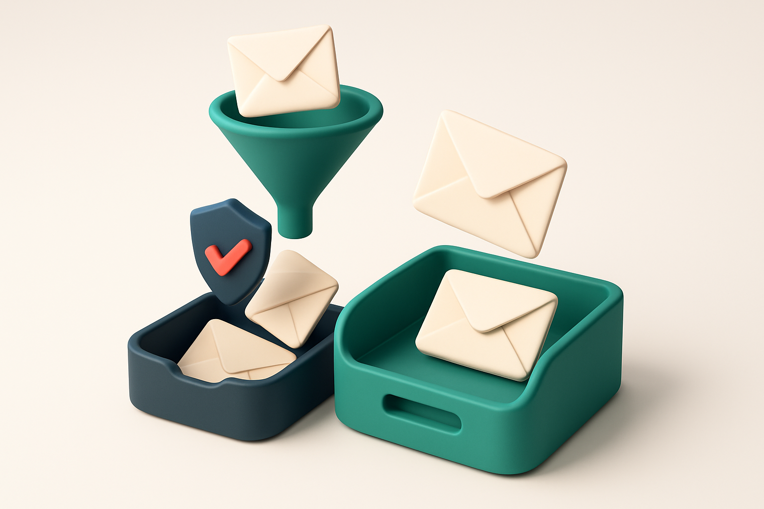 An isometric 3D email inbox filled with envelopes arriving from a digital funnel. Envelopes labeled 'valid' are guided i
