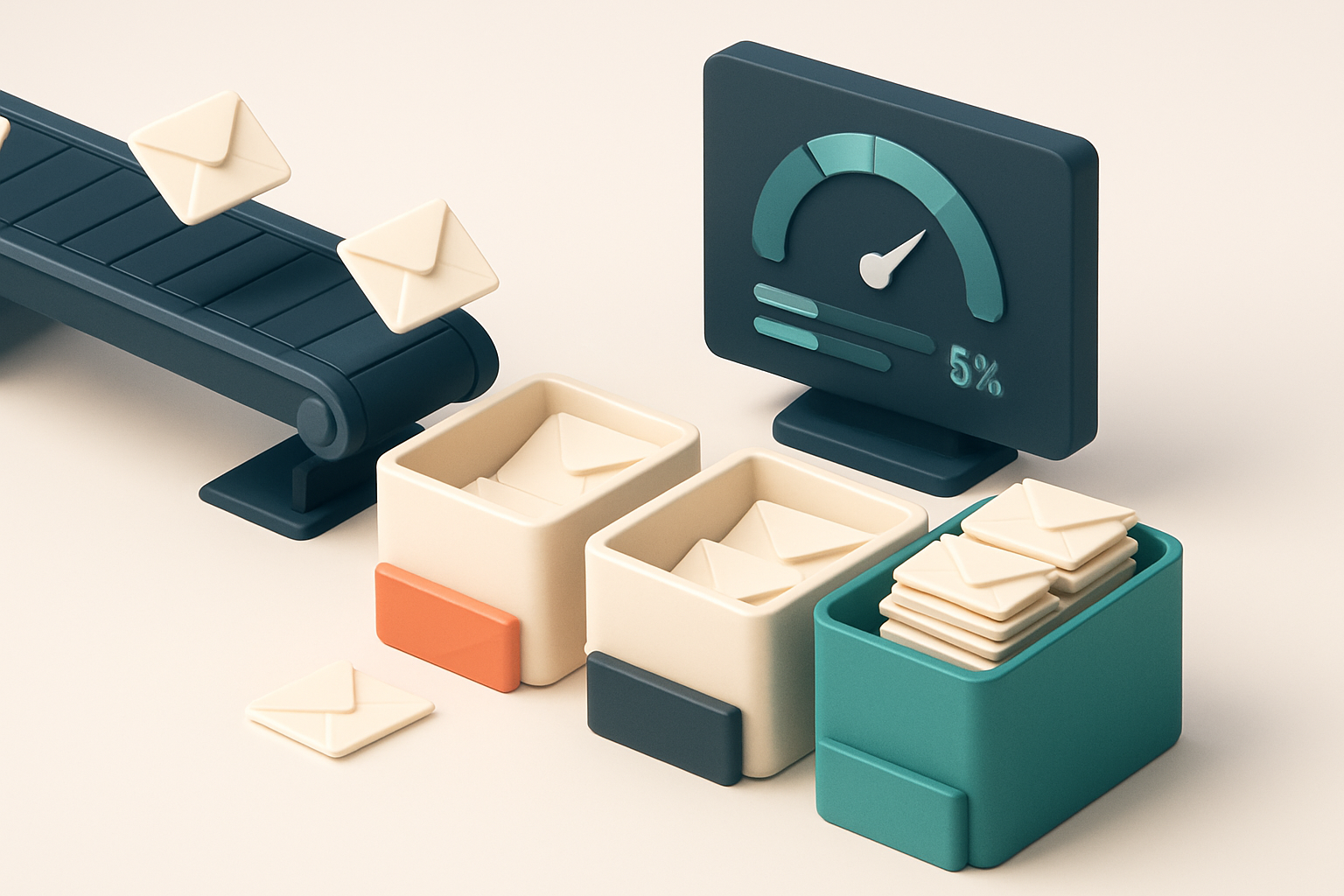 An isometric warehouse scene with a conveyor belt carrying envelopes labeled 'valid,' 'invalid,' 'catch-all,' and 'risky