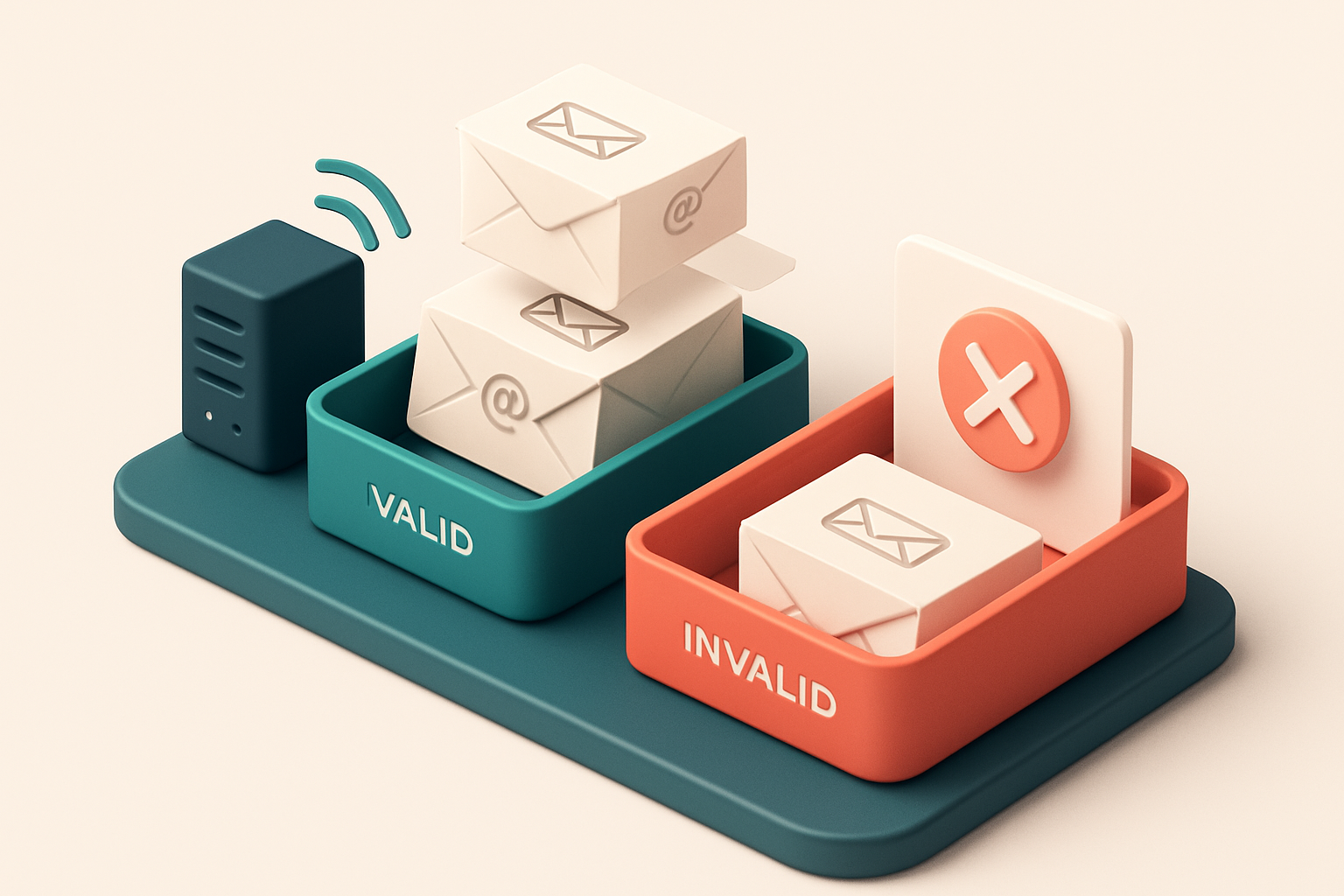 An isometric desk with a stack of paper envelopes labeled with email addresses being sorted into two trays: green for 'v