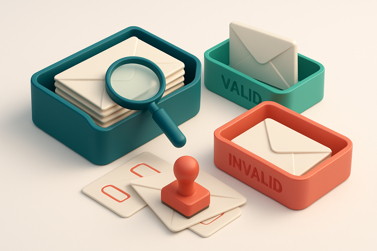 An isometric email inbox with envelopes being sorted into a green 'valid' tray and a red 'invalid' tray, a magnifying gl