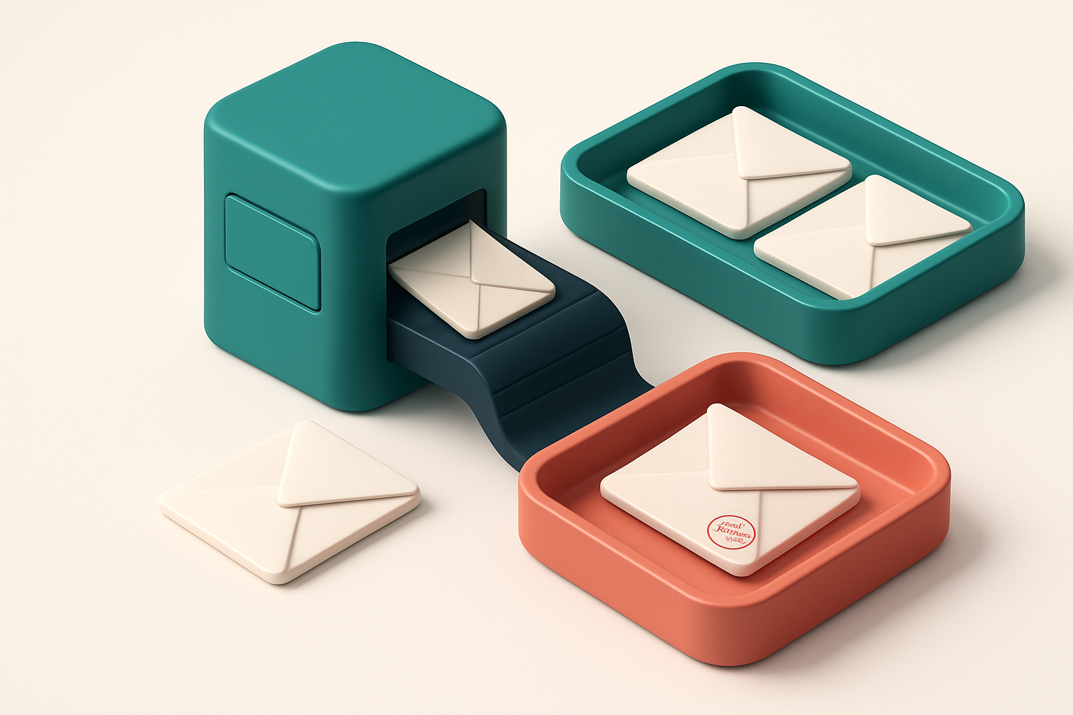 An isometric email inbox with envelopes being sorted onto a green 'valid' tray and a red 'invalid' tray, a conveyor belt