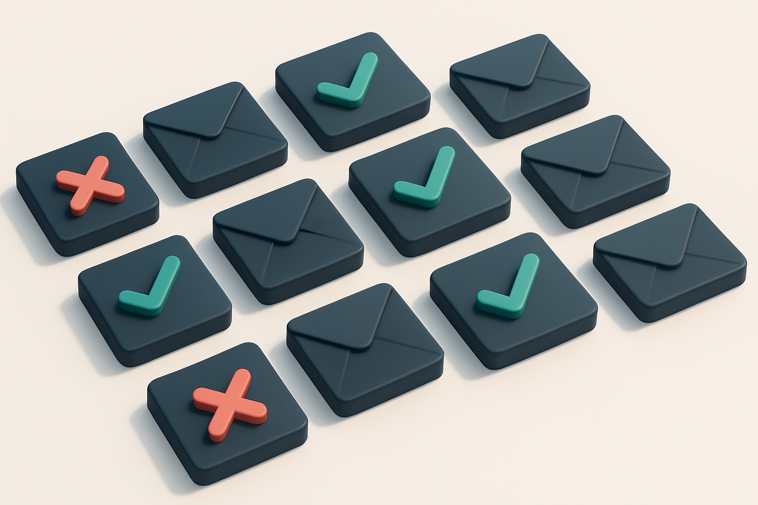 a grid of envelope icons with checkmarks overlaying some, and red x’s on others