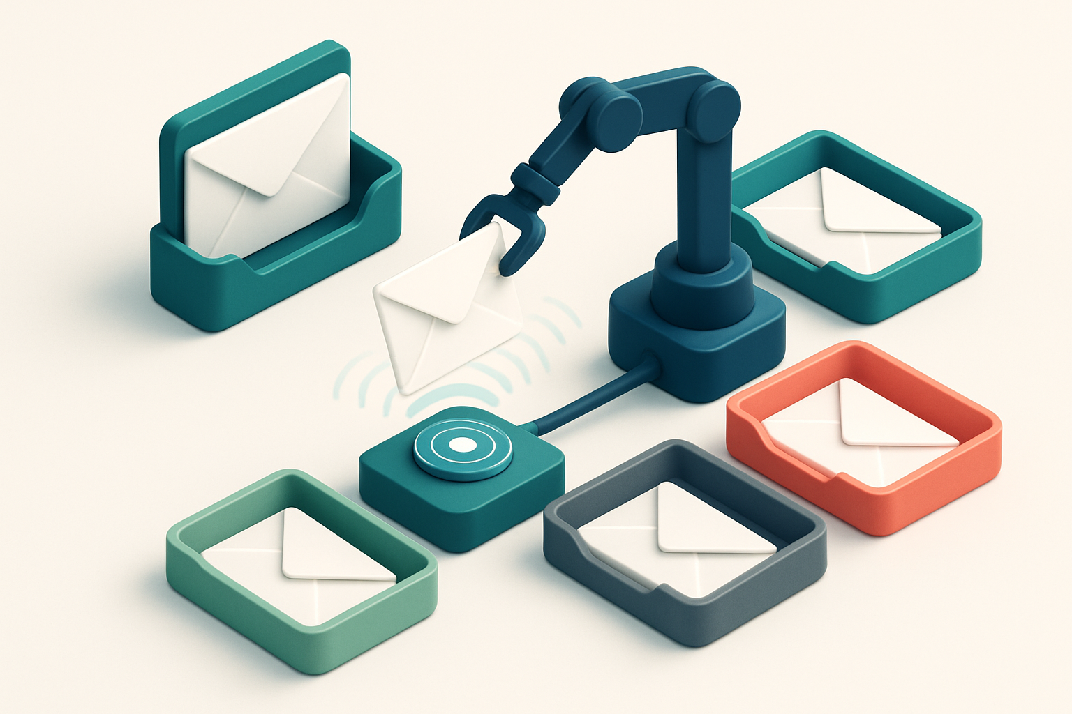 An isometric email inbox with envelopes labeled 'valid', 'risky', 'invalid', and 'catch-all' being sorted by a robotic a
