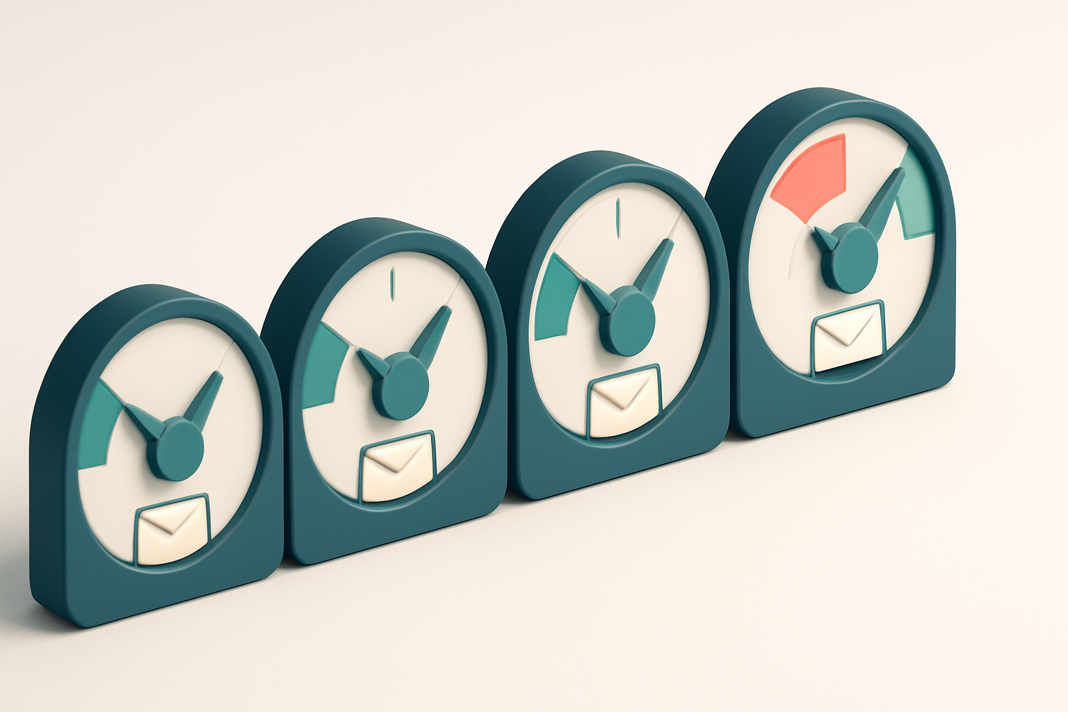 a row of four gauges, each showing a different inbox placement percentage