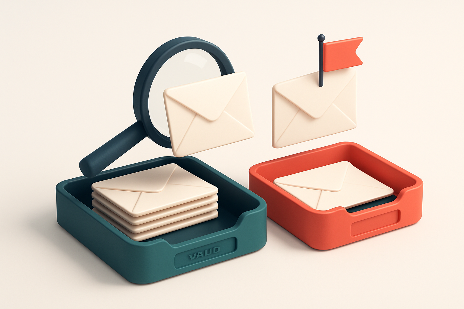 an isometric email inbox with envelopes being sorted onto a green 'valid' tray and a red 'invalid' tray, a magnifying gl
