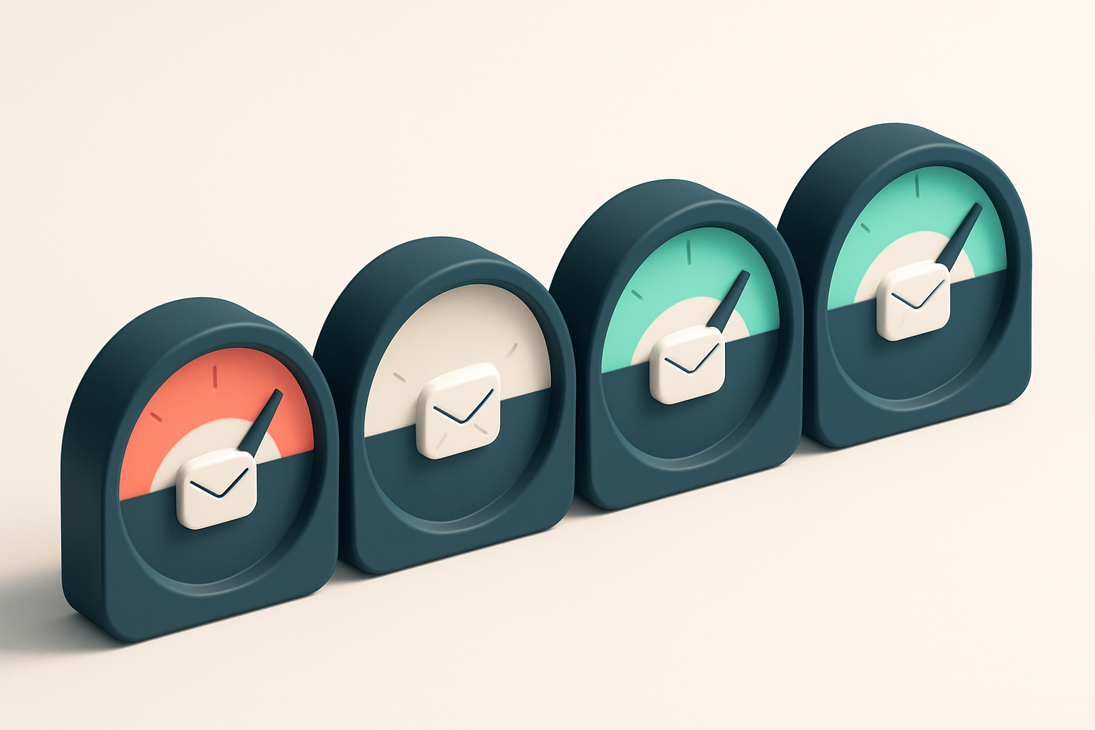 A row of four gauges, each showing a different stage of email validity (invalid, catch-all, risky, valid)