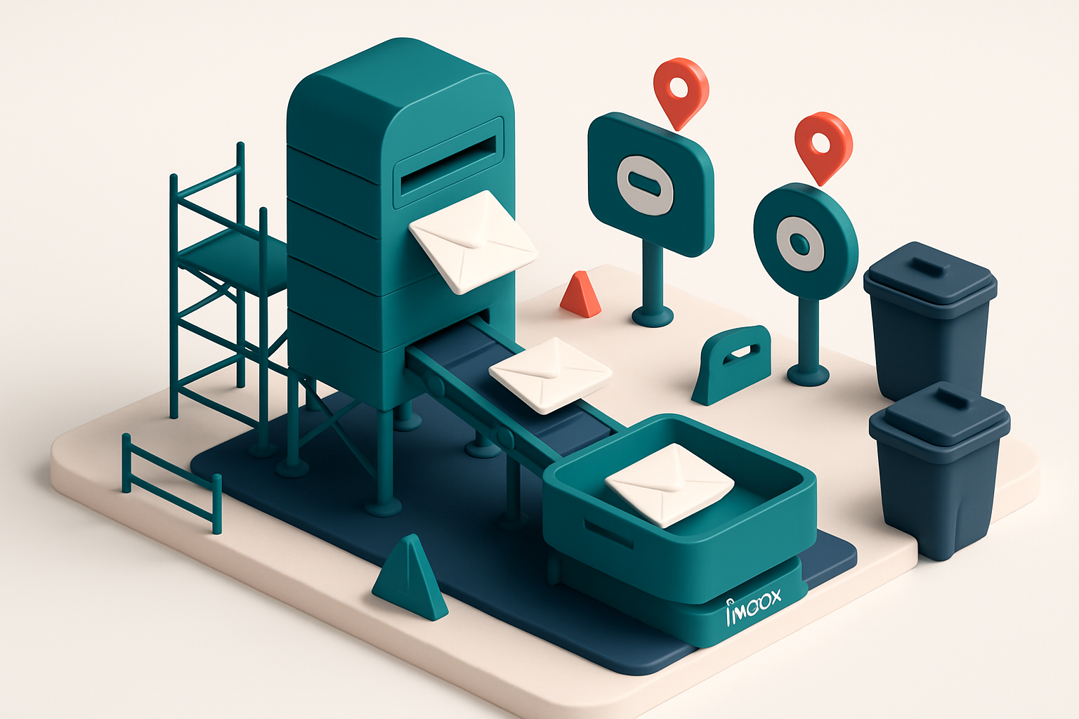 Hero: an isometric construction site with a digital mailbox tower, sending envelopes to a green 'inbox' tray, while red