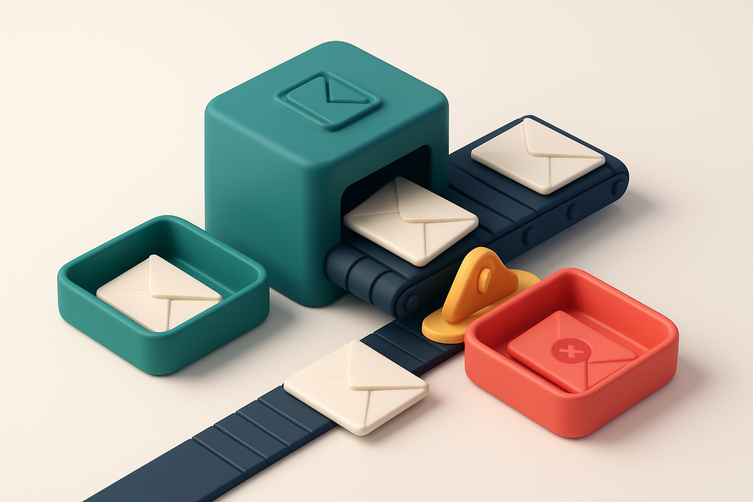 an isometric email inbox with envelopes moving down a conveyor belt; valid emails go to a green tray, invalid ones to a