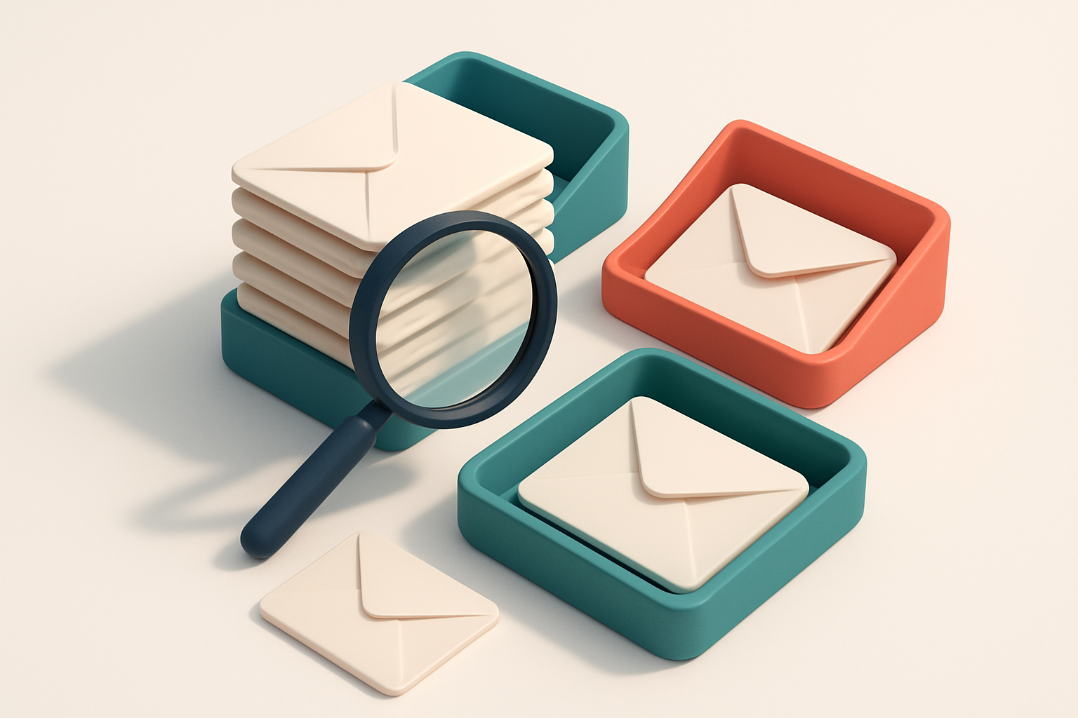 an isometric email inbox with envelopes being sorted onto a green 'valid' tray and a red 'invalid' tray, a magnifying gl