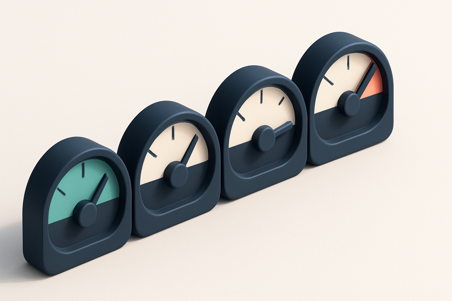 a row of four gauges, each with a different scale indicating verification status (valid, invalid, catch-all, risky)