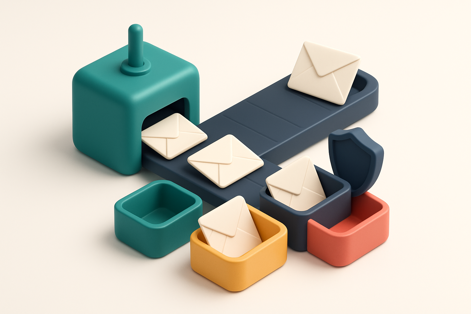 An isometric view of a telecom inbox with envelopes labeled 'valid', 'catch-all', 'risky', and 'invalid' being sorted by