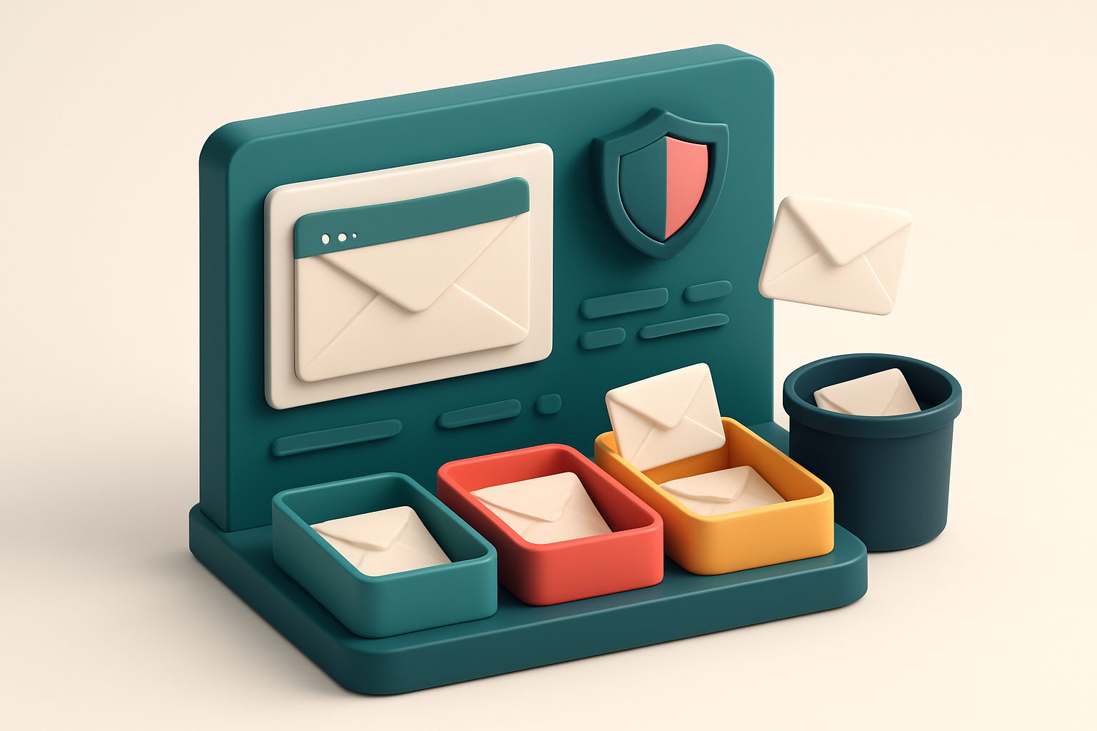 An isometric email dashboard with envelopes being sorted into a green 'valid' tray, red 'invalid' tray, yellow 'risky' t