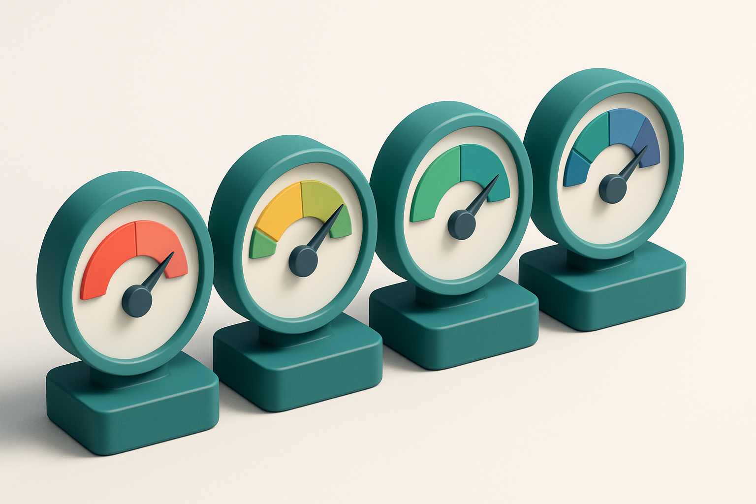 A row of four gauges, each showing different validation levels: red (invalid), yellow (risky), green (valid), and blue (