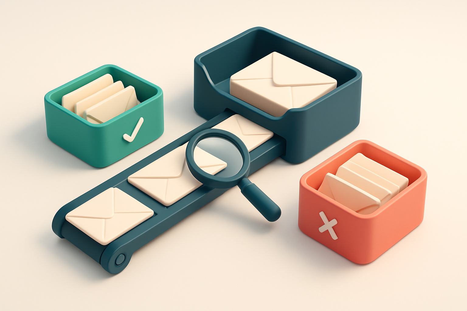 An isometric email inbox with a conveyor belt feeding envelopes from a green 'valid' tray and a red 'invalid' tray, a ma