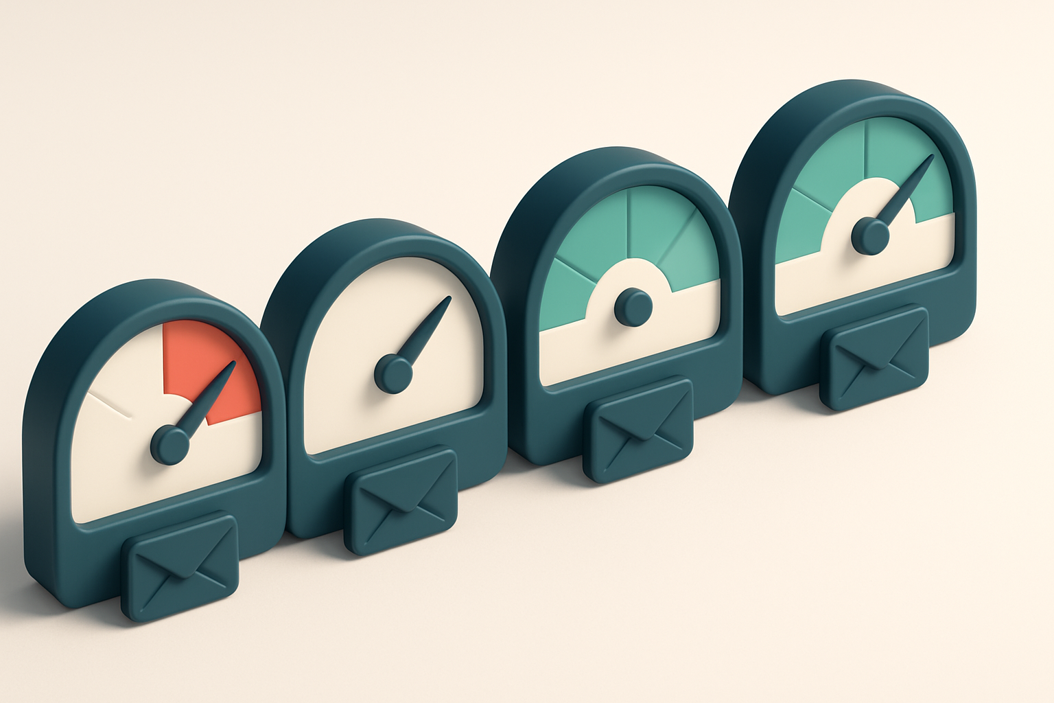 a row of four gauges, each showing a different stage of email quality: invalid, catch-all, risky, valid