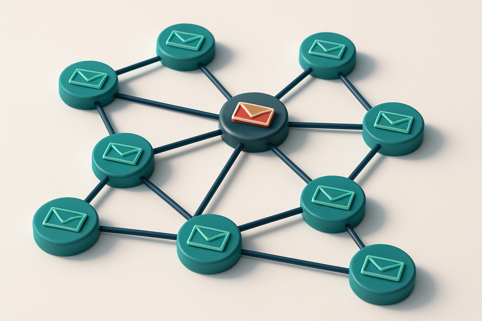 a network of small circular nodes connected by lines, each labeled with an email icon