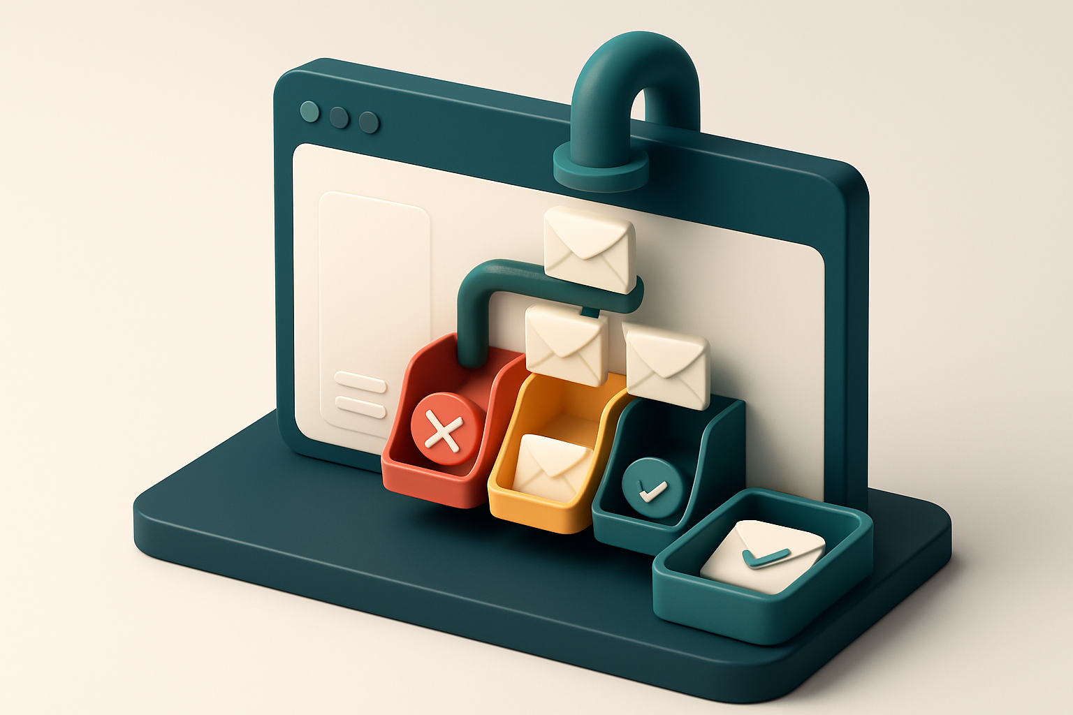 An isometric view of a digital construction site dashboard showing a live email delivery funnel: incoming messages enter