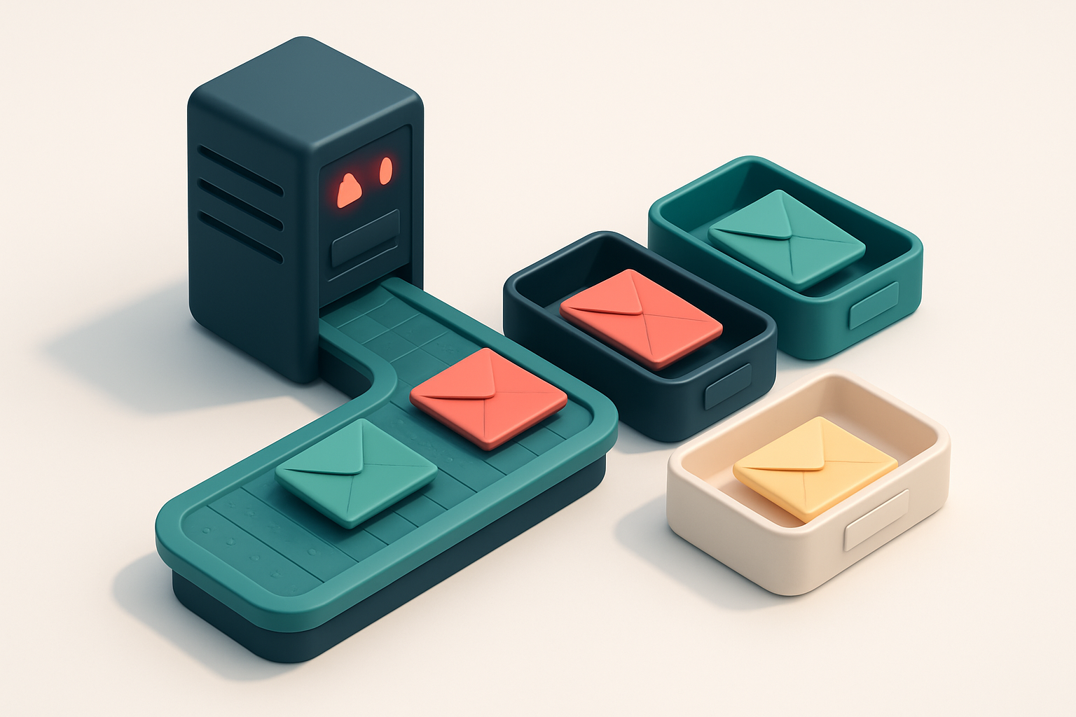 An isometric warehouse conveyor belt moving green 'valid' envelopes, red 'invalid' envelopes, and yellow 'risky' envelop