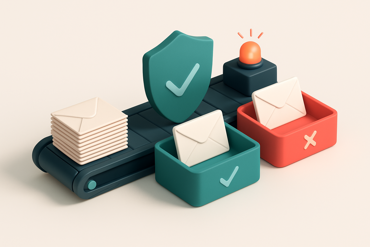 an isometric illustration of a publishing house's email system: a conveyor belt fed by a stack of paper envelopes labele