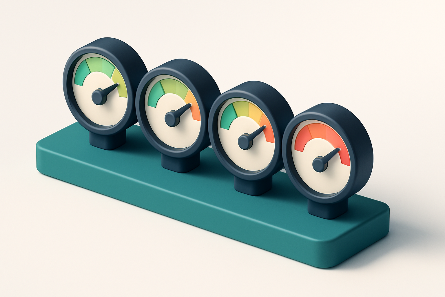 Hero: a row of four gauges with varying levels of green, yellow, and red indicators