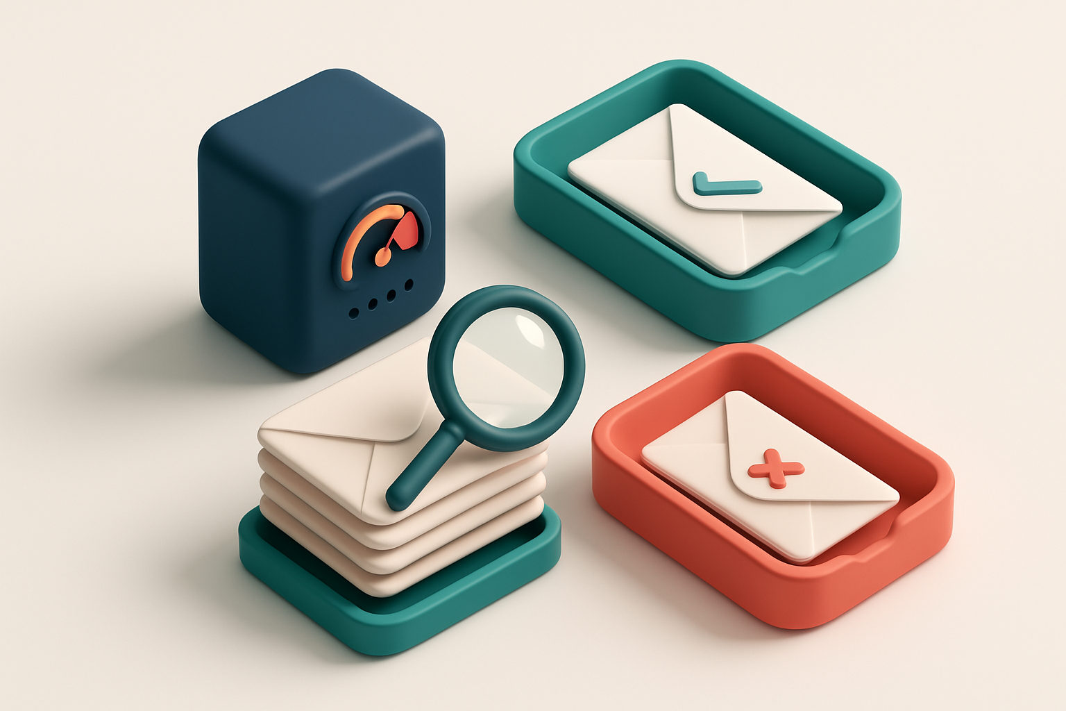 An isometric email inbox with envelopes being sorted onto a green 'valid' tray and a red 'invalid' tray, a magnifying gl