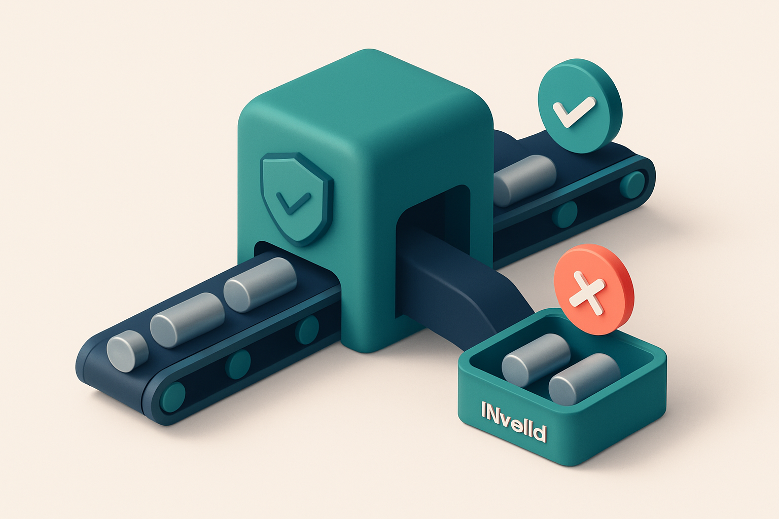 An isometric illustration of a conveyor belt carrying metal cylinders (representing manufacturing leads) through a sorti