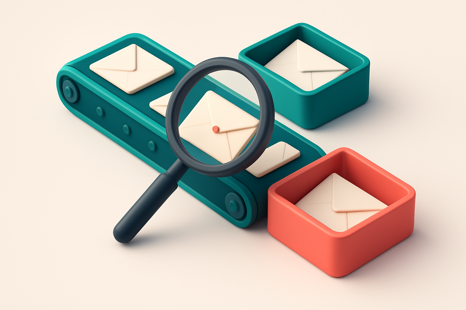 An isometric email inbox with envelopes moving along a conveyor belt. Valid addresses go to a green tray marked 'Deliver