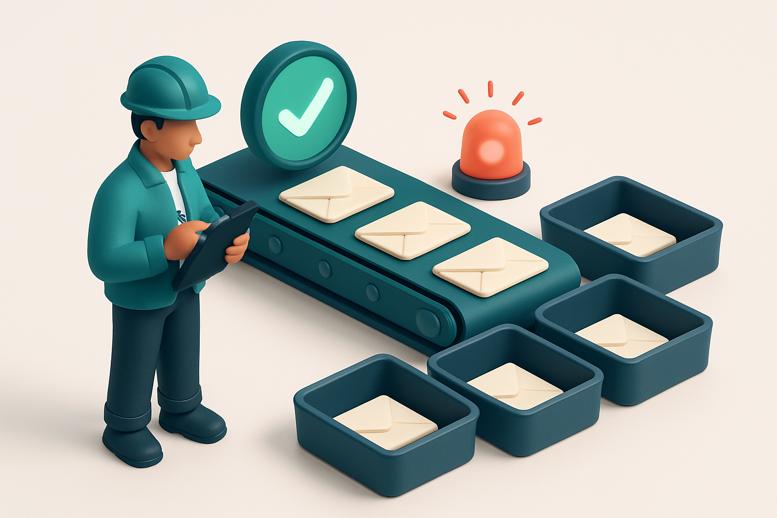 An isometric illustration showing a construction project manager holding a clipboard, with a conveyor belt sorting envel