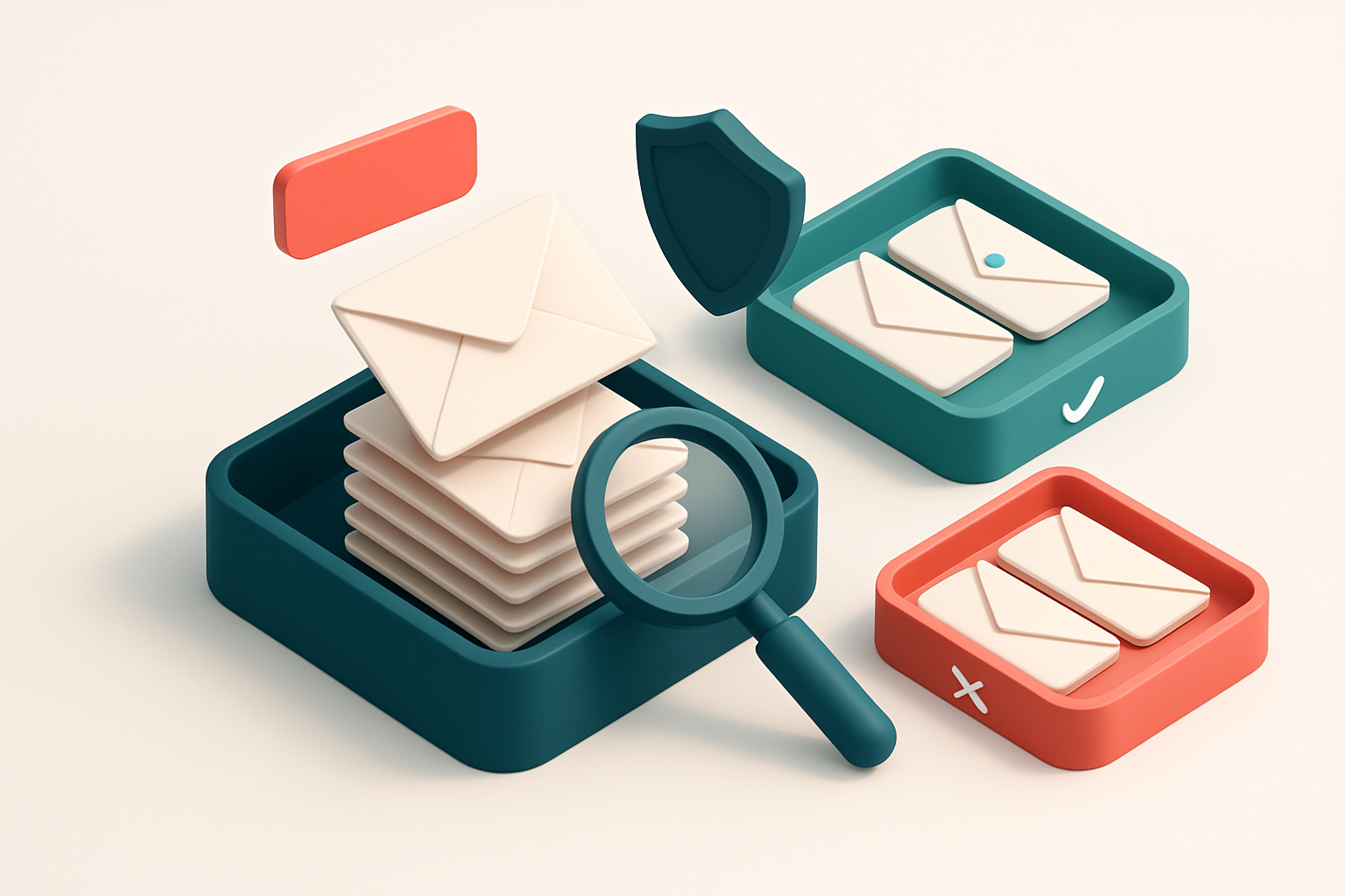An isometric email inbox with envelopes being sorted onto a green 'valid' tray and a red 'invalid' tray, a magnifying gl