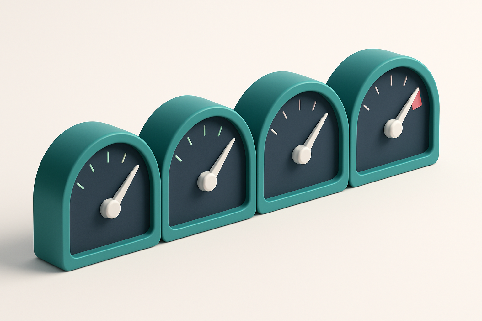 A row of four gauges, each labeled with a different delivery status (inbox, spam, blocked, bounced)