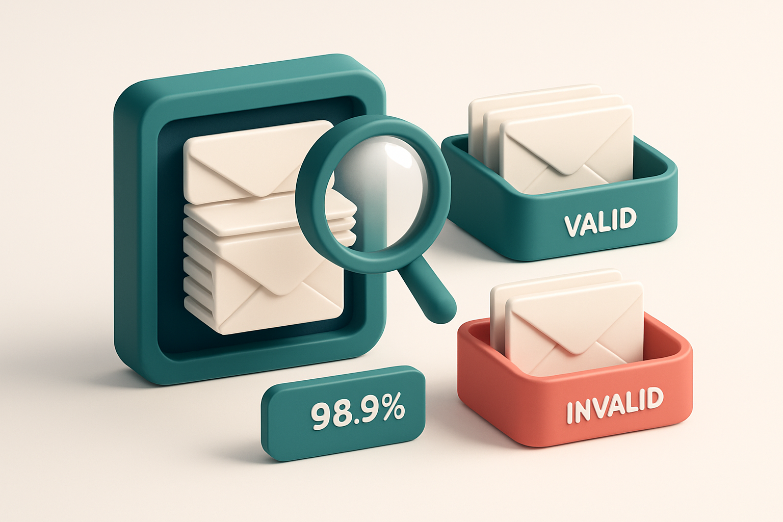 an isometric email inbox with envelopes being sorted onto a green 'valid' tray and a red 'invalid' tray, a magnifying gl