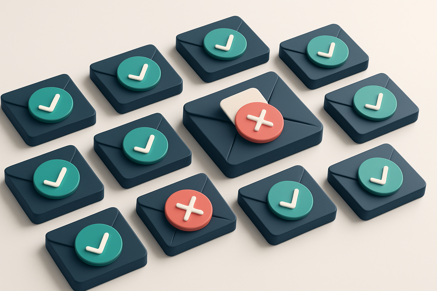 a grid of envelope icons, each with a checkmark or red X overlay