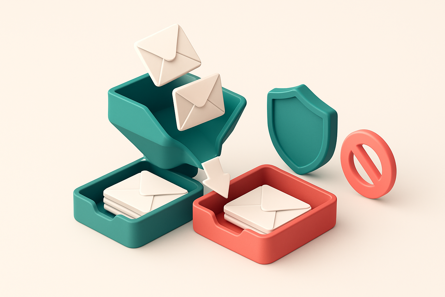 an isometric inbox with envelopes sliding down a funnel, sorted into green 'valid' trays and red 'invalid' trays, a shie
