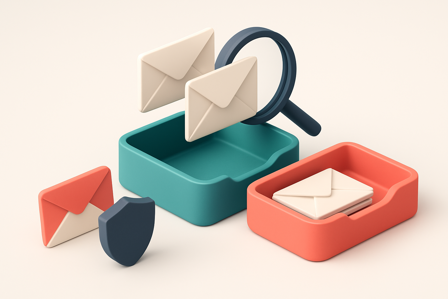 An isometric email inbox with envelopes being sorted onto a green 'valid' tray and a red 'invalid' tray, a magnifying gl