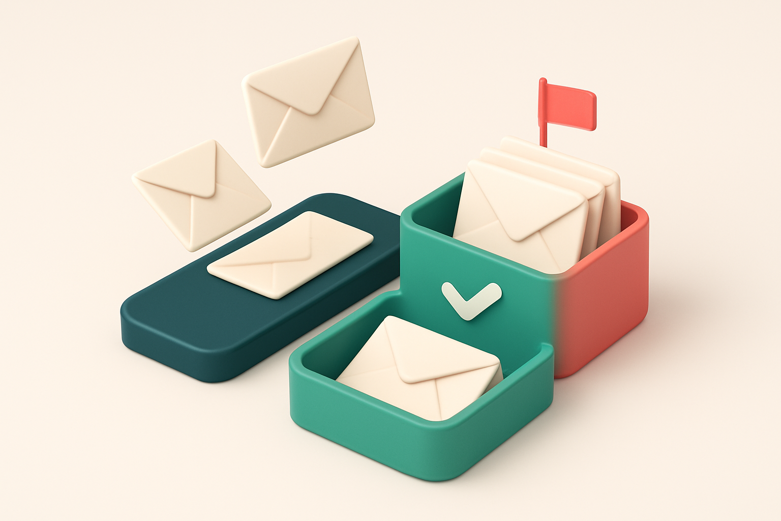 An isometric email inbox with envelopes being sorted onto a green 'valid' tray and a red 'invalid' tray, one envelope la