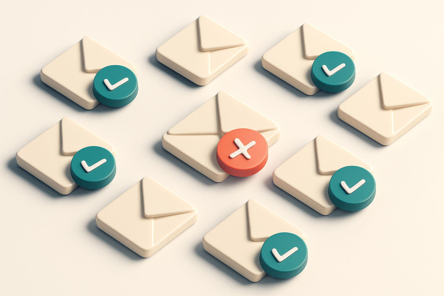 a grid of envelope icons, each showing a status checkmark or cross