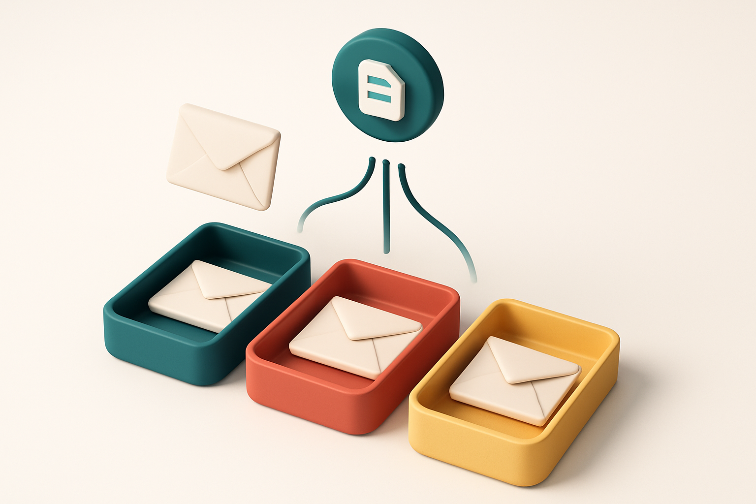 An isometric email inbox with envelopes being sorted into three trays: green for 'high inbox placement', red for 'blocke