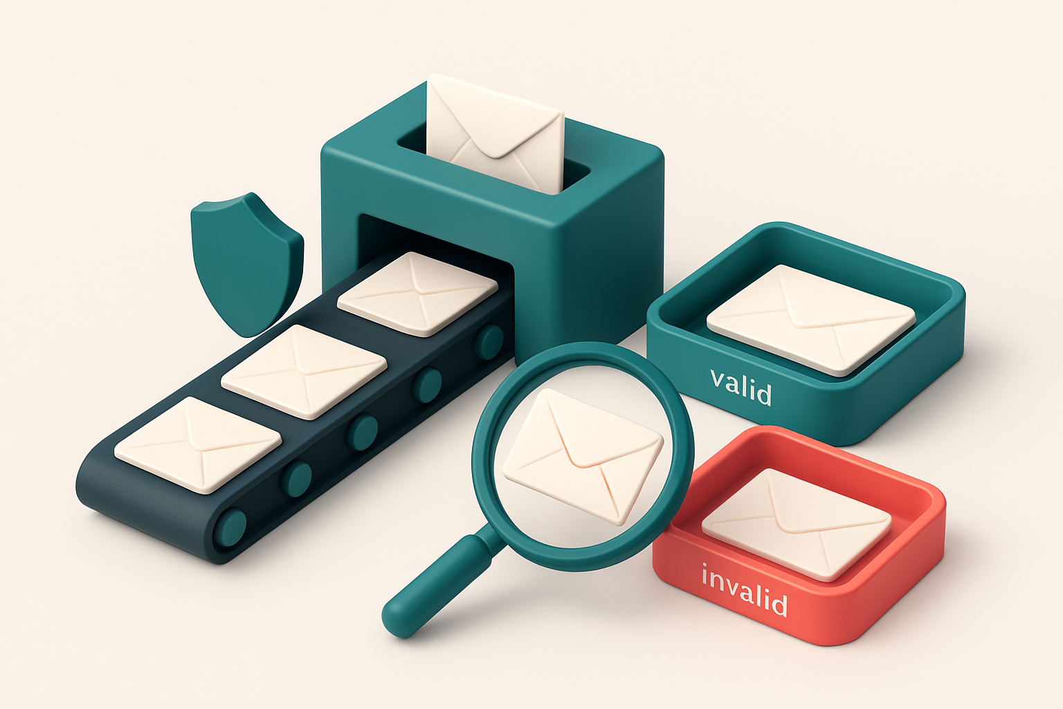 An isometric email inbox with envelopes being sorted into two trays: a green 'valid' tray and a red 'invalid' tray, a co