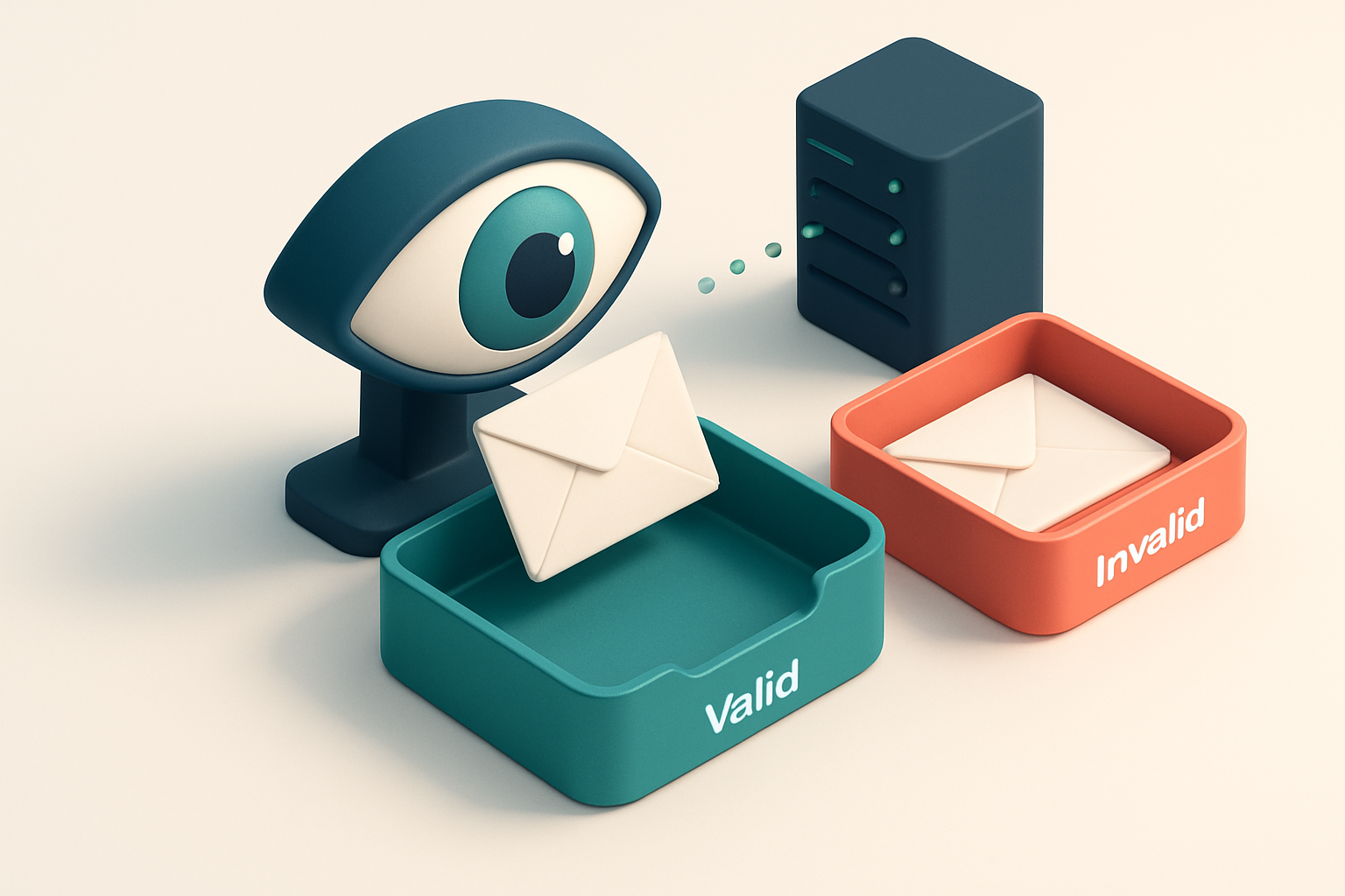 An isometric inbox with envelopes being scanned by a digital eye, sorted into a green 'valid' tray and a red 'invalid' t