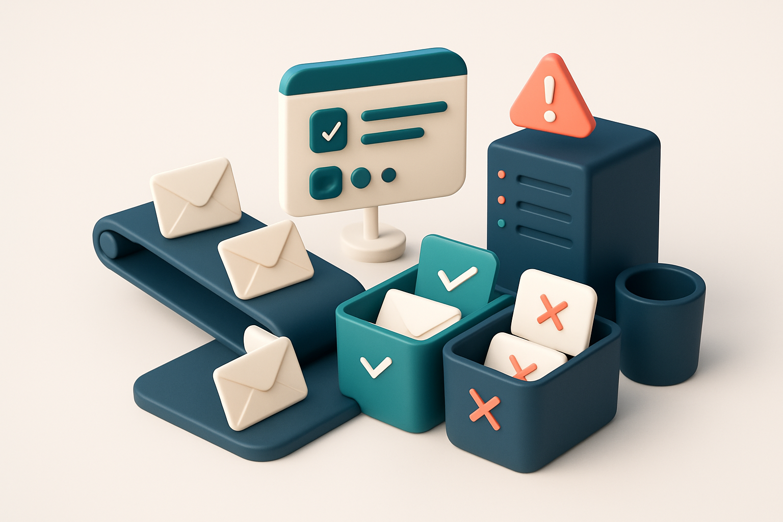 an isometric dashboard with a conveyor belt feeding envelopes into two bins: one labeled 'Valid' with green checkmarks,