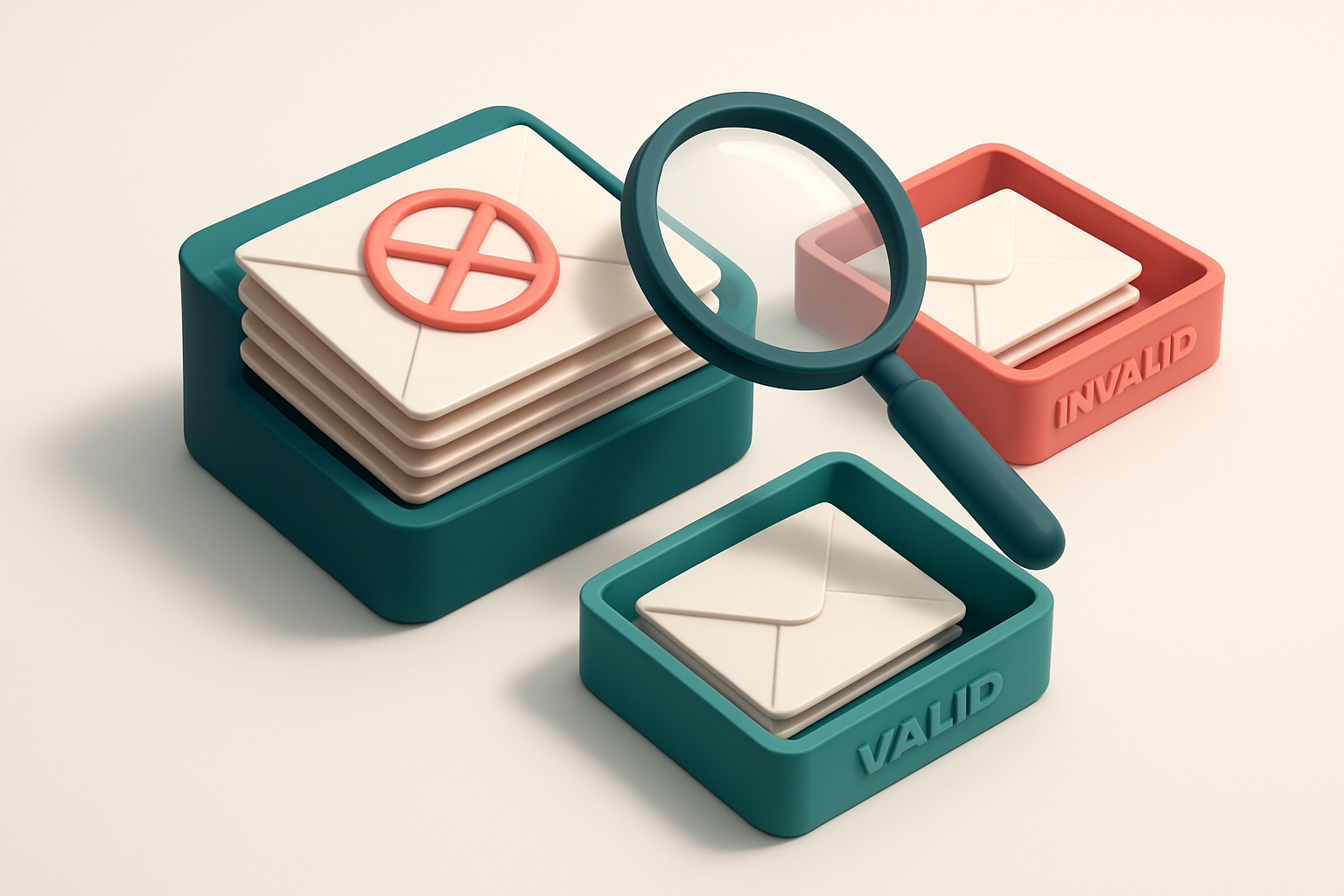 An isometric email inbox with envelopes being sorted onto a green 'valid' tray and a red 'invalid' tray, a magnifying gl
