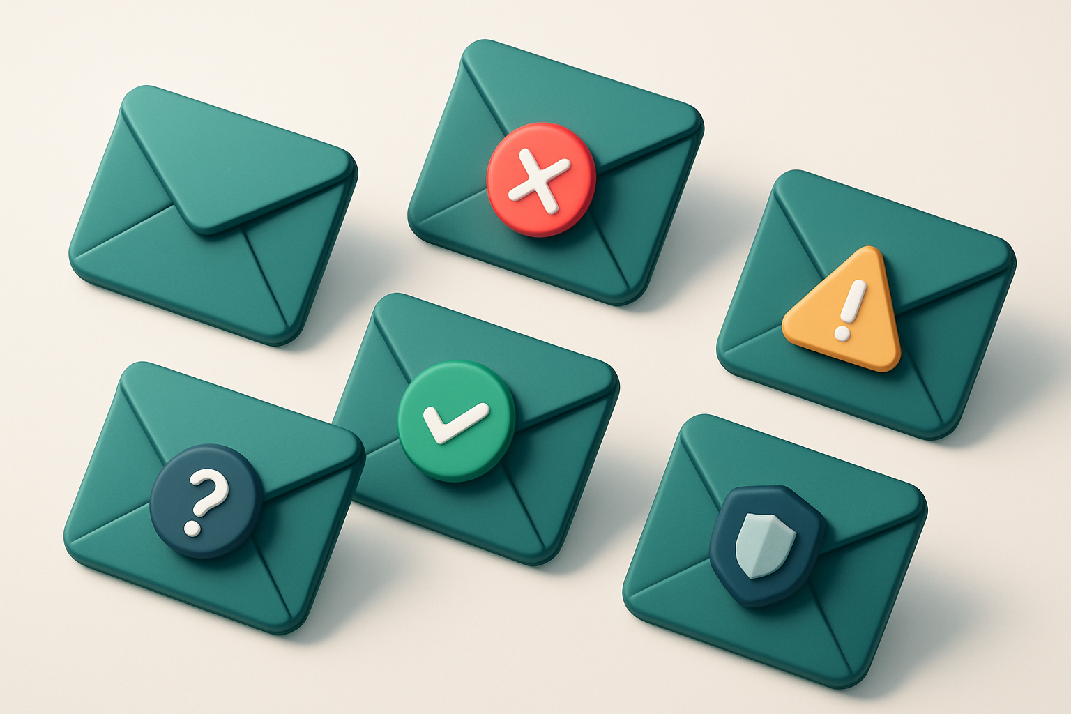 a grid of 5 envelope icons, each with a different verification status (checkmark, red X, warning triangle, shield, quest