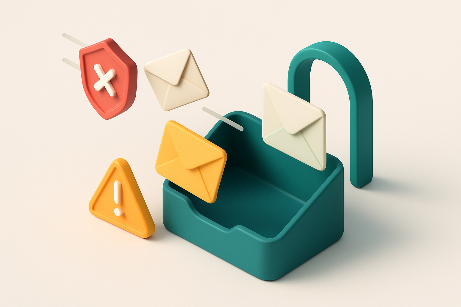An isometric email inbox with envelopes flying in—some being stopped by a red 'invalid' shield, others passing through a