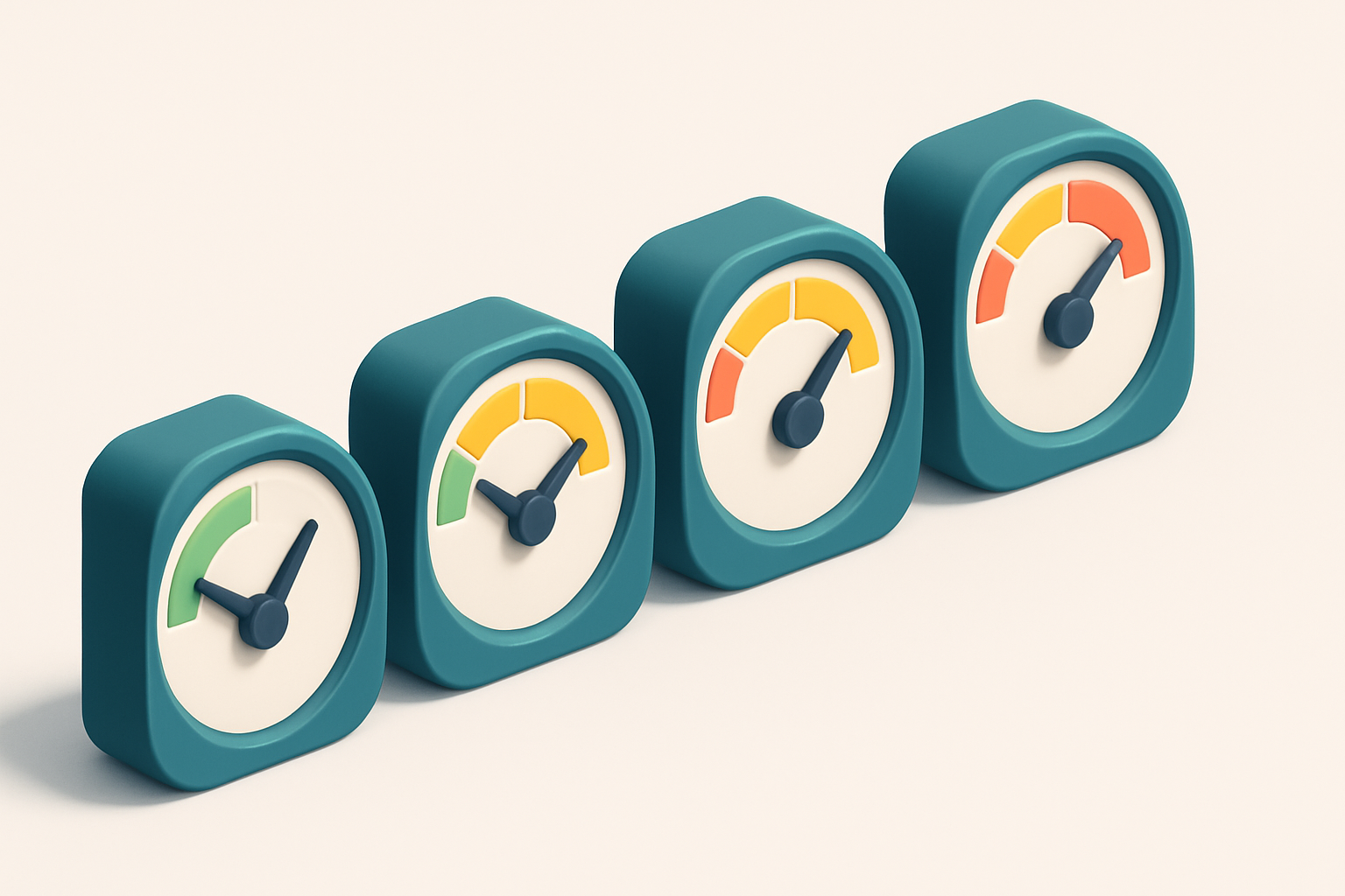 A row of four gauges with different levels of red, yellow, and green indicators