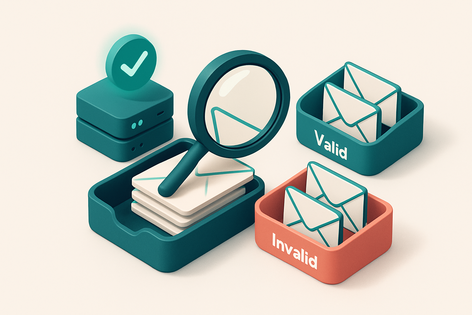An isometric email inbox with envelopes being sorted onto a green 'valid' tray and a red 'invalid' tray, a magnifying gl
