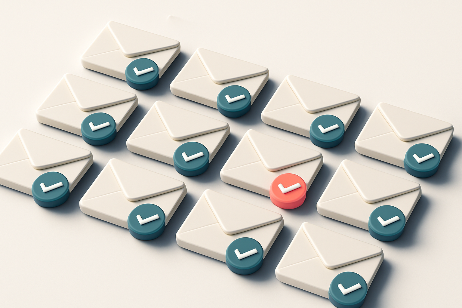 a grid of envelope icons with colored checkmarks