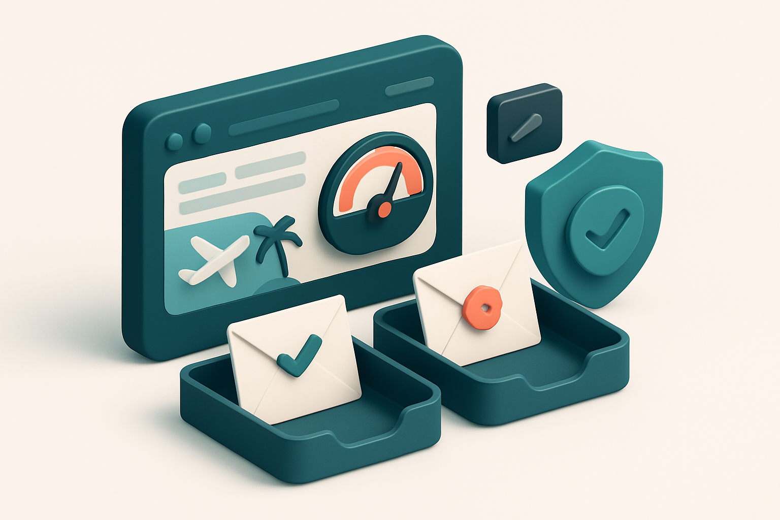 an isometric illustration of a digital travel booking dashboard with envelopes labeled 'valid' and 'invalid' sorting int