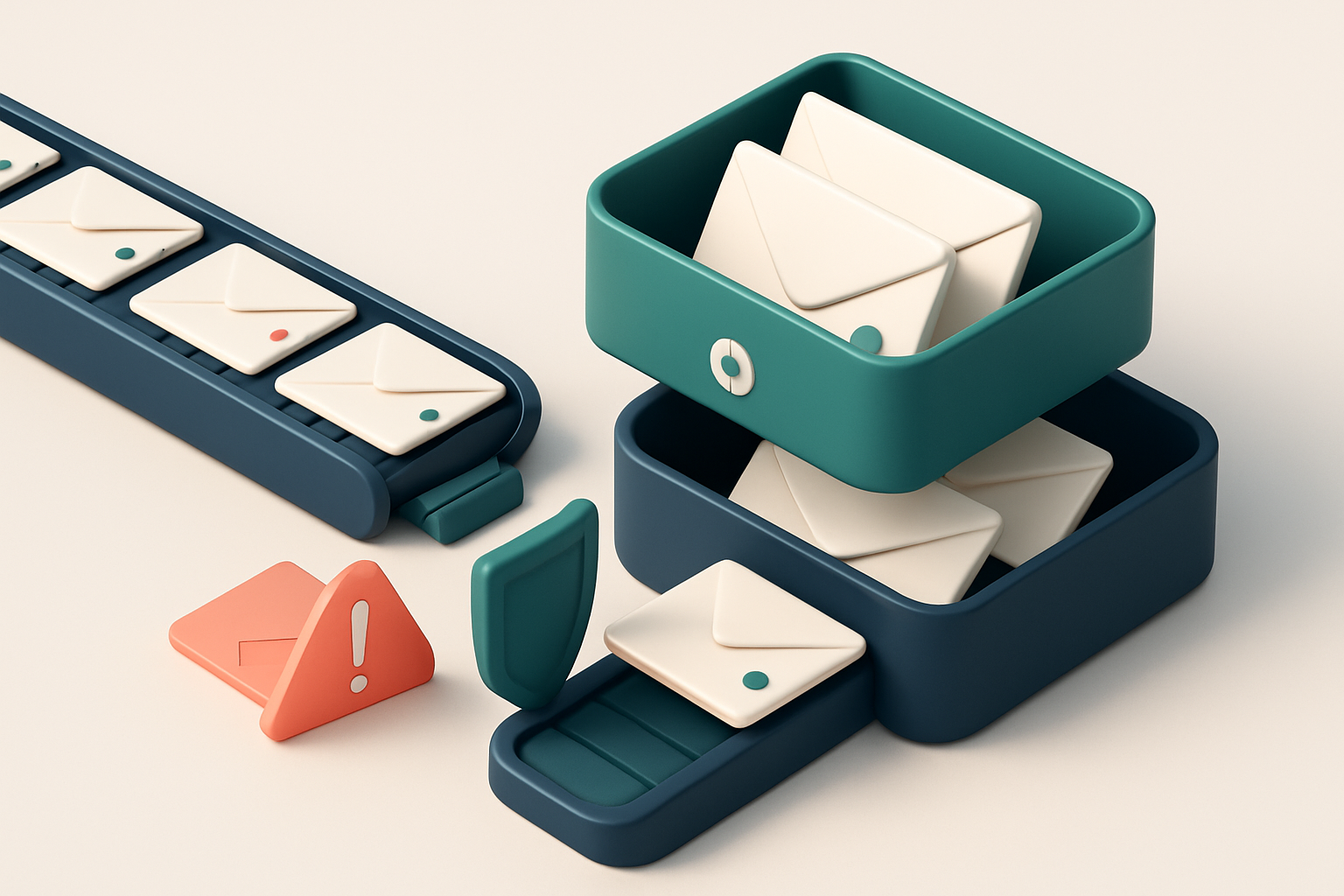 An isometric view of a digital inbox stacked with envelopes labeled 'Valid', 'Invalid', 'Catch-all', and 'Risky'; a conv